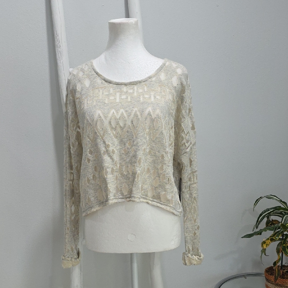 Lightweight Cream Patterned Long-Sleeve Sheer Pullover Top